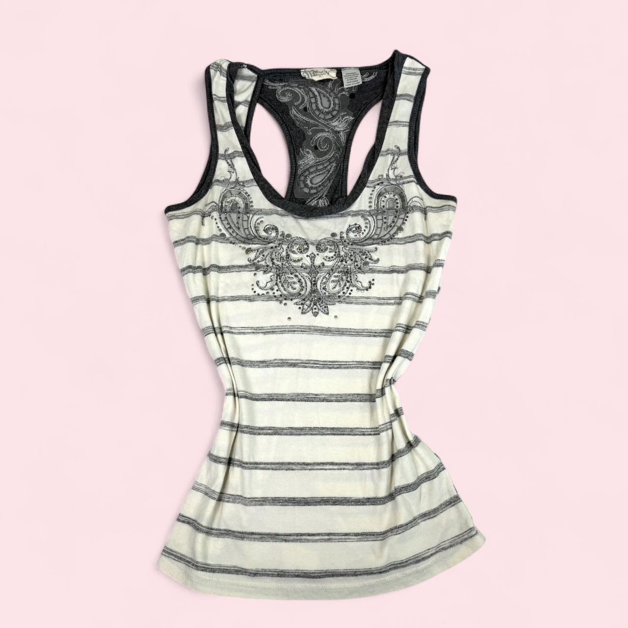 Y2k Miss Me White & Grey Blingy Embellished Striped Racerback Grunge Tank Top